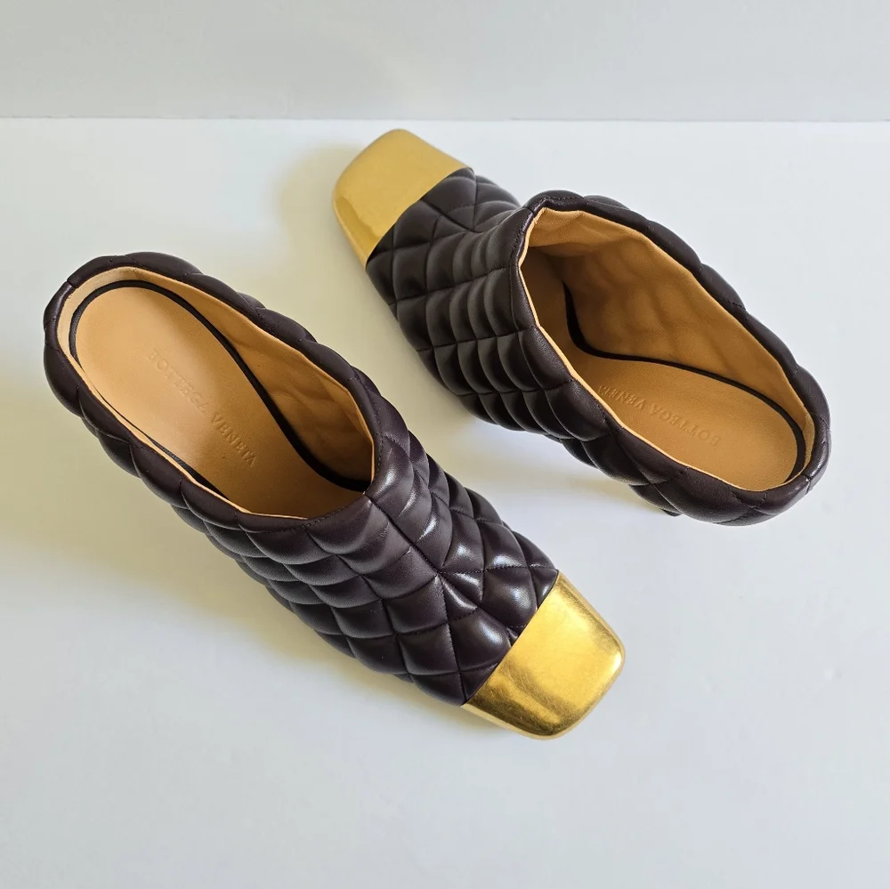 Bottega Veneta Quilted Leather Metallic Toe High Heel Mules Size 39 Wine… - Picture 8 of 15